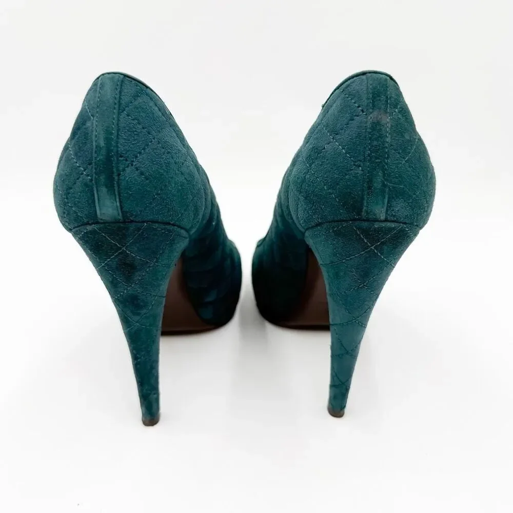 Chanel Teal Quilted Suede Cap Toe Pumps CC Logo Stiletto Heels EU 38
